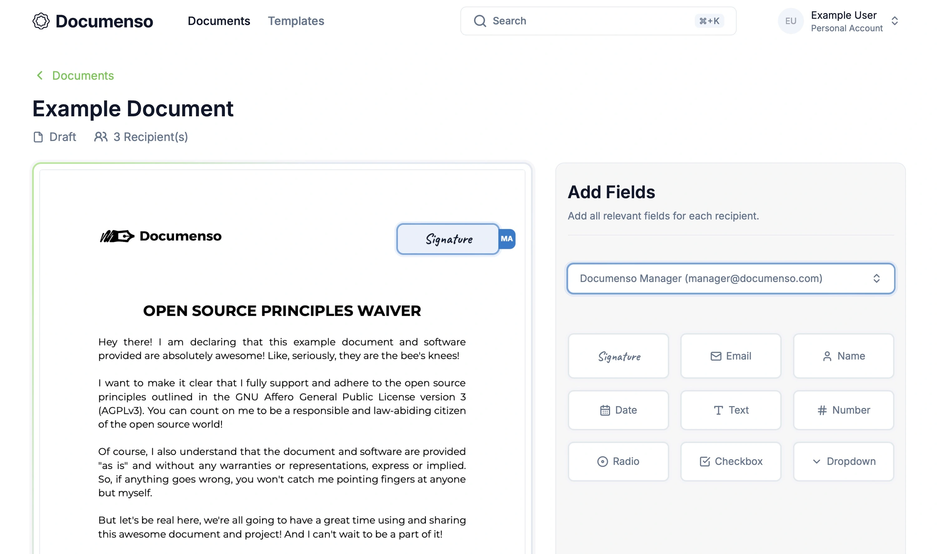 Screenshot illustrating the active state for a field on the Documenso document editor page