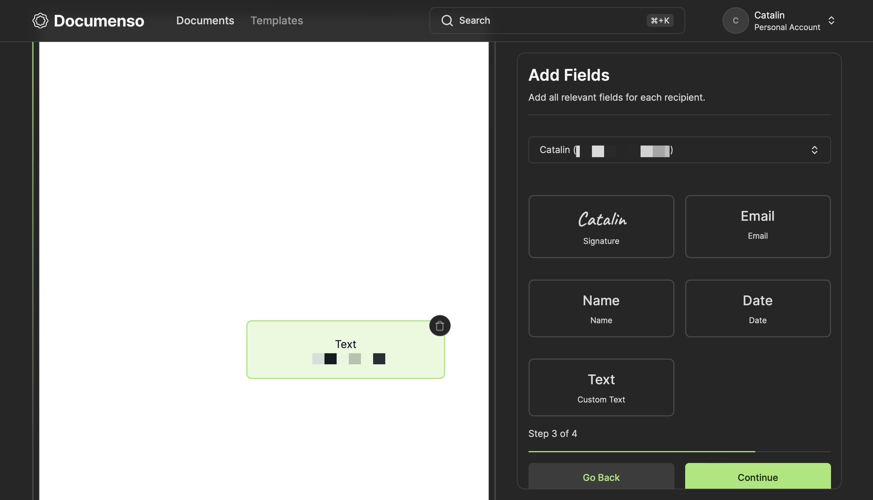 Old text signing field in the Documenso document editor