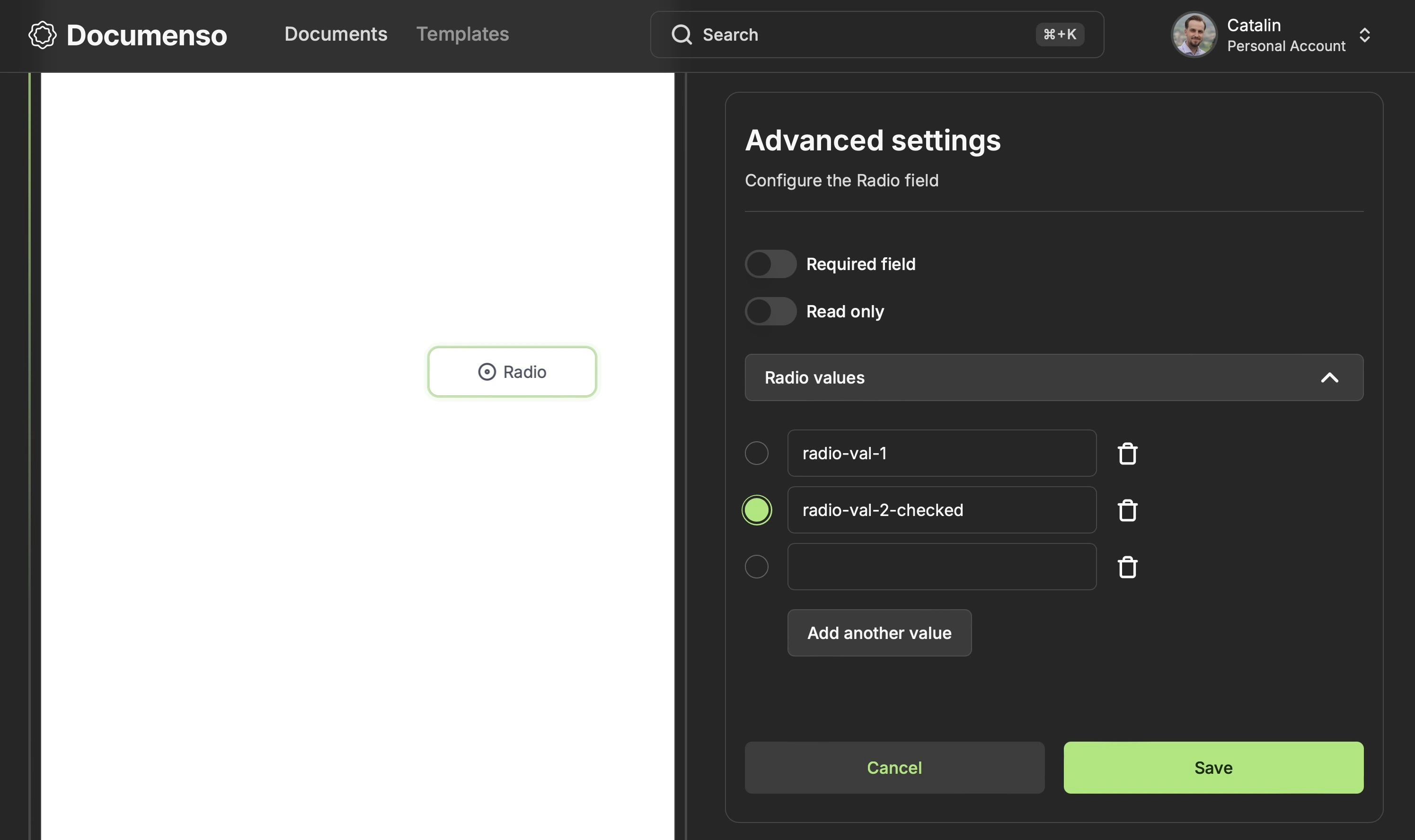 The advanced settings tab for the radio field in the Documenso document editor