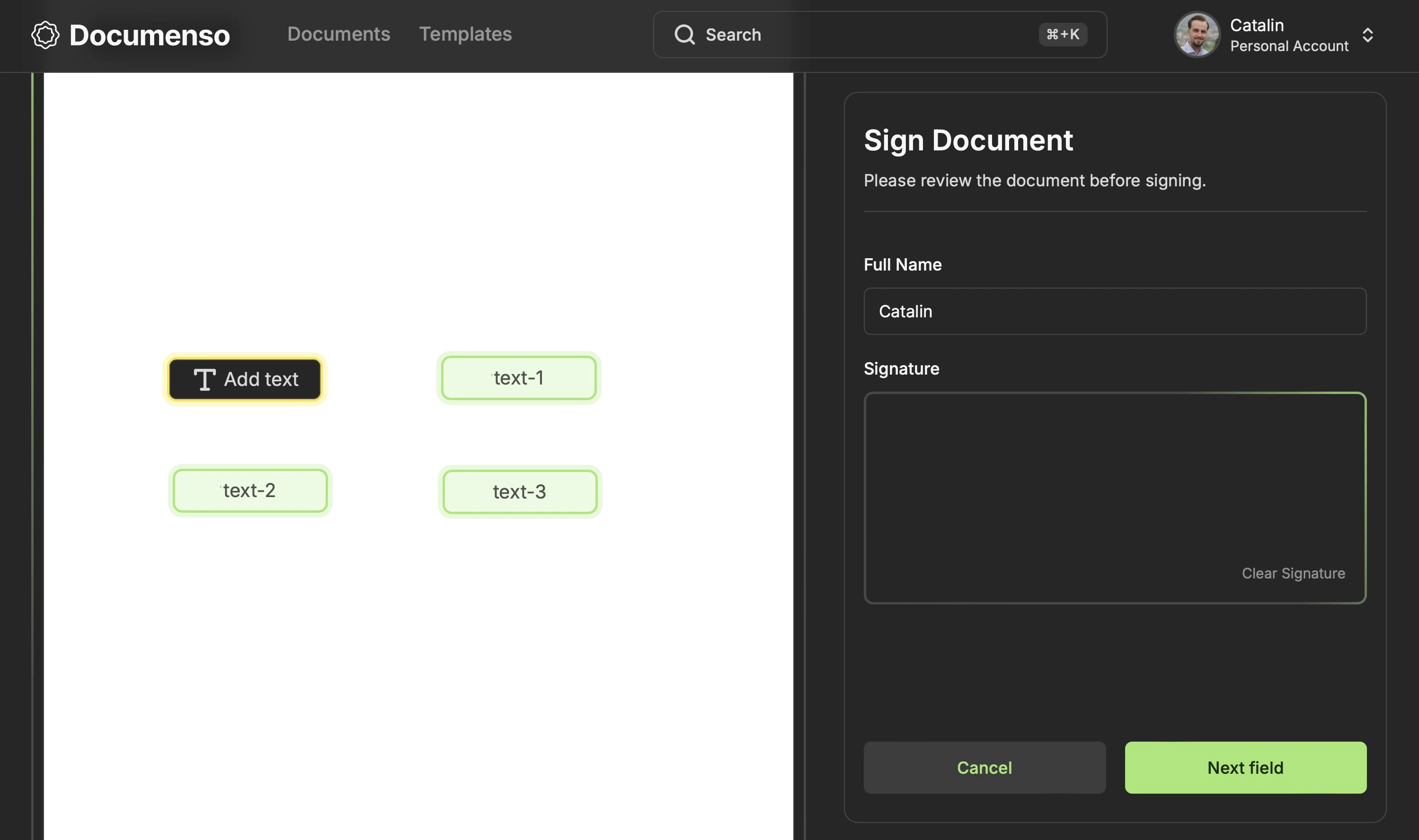 The text signing field on the Documenso signing page